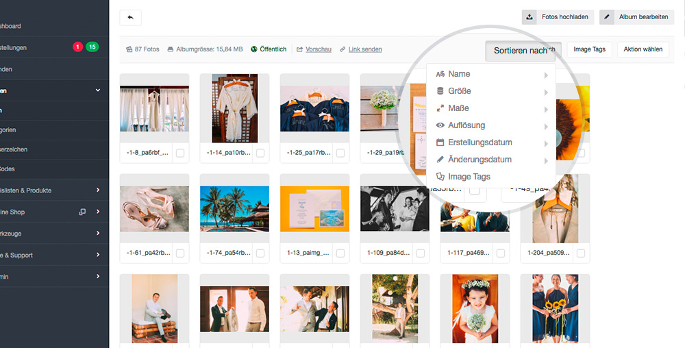 Die Sortierung Im Shop System In Der Album Detailsansicht Wird Nun Sofort Nach Änderung Gespeichert. Des Weiterem Ist Es Dem Fotografen Möglich, Bilder Innerhalb Der Gruppierten Image Tags Anders Zu Sortieren, Als In Der Allgemeinen Detailansicht.