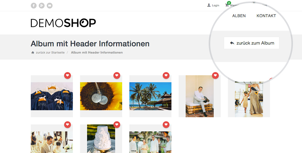 Auf Der Favoriten-Seite Im Webshop Wurde Ein Neuer Button “Zurück Zum Album" Hinzugefügt. Mit Einem Klick Auf Diesen Button Können Ihren Kunden Einfach Zurück Zum Album Gelangen.