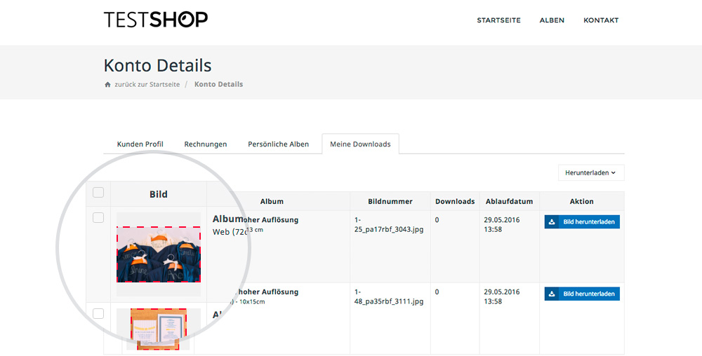 Die Bildausschnitte werden auch im Kundenbereich des Online Shops anzeigen