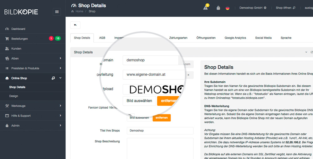 Im Shop System Kann Unter Den "Online Shop >> Shop Details >> Tab: Shop Details" Eine Eigene Domain (externe Domain Für Eine DNS Weiterleitung) Eingetragen Werden. Nachdem Die Externe Domain Von Bildkopie Aktiviert Wurde, Kann Der Webshop über Dieser Domain Aufgerufen Werden. Die Eigene Domain Funktion Ist Ab Premium Paket Verfügbar.