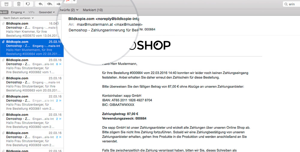 Automatischer Versand Von Zahlungserinnerungen/Mahnungen Im Shop System Für überfällige Vorkasse-Bestellungen. 1. Errinerung: 10 Tage Nach Bestellung, 2. Mahnung: 20 Tage Nach Bestellung, 3. Letzte Mahung: 30 Tage Nach Bestellung.