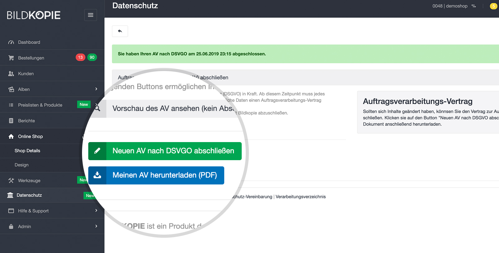 Datenschutz DSGVO: Management Seite für Auftragsverarbeitungs-Vertrag