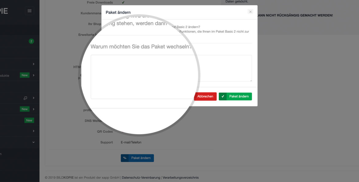 Feedbackfunktion beim Paketwechsel