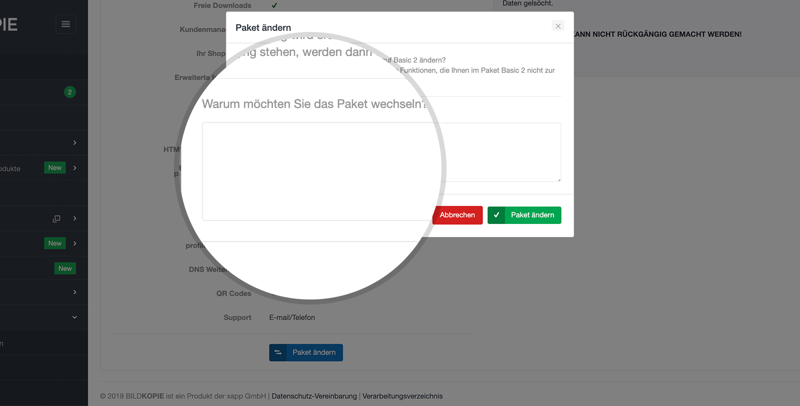Um Unseren Fotografen Die Möglichkeit Zu Geben, Uns Mitzuteilen, Warum Sie Ihr Paket Gewechselt Haben, Wurde Auf Der „Paket-Wechsel“ Seite Ein Feedback-Textfeld Hinzugefügt. Dieses Ermöglicht Es Den Fotografen Uns Mitzuteilen, Warum Sie Sich Für Ein Anderes Paket Entschieden Haben.